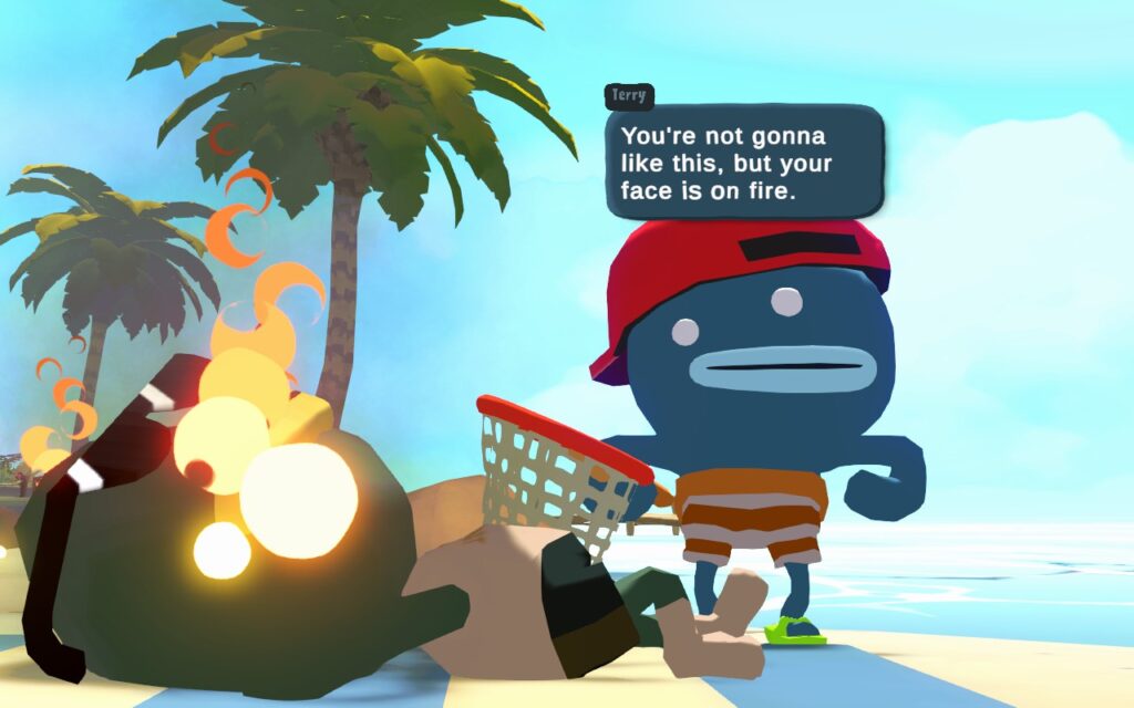 Tiny Terry's Turbo Trip screenshot with a burning man on a beach
